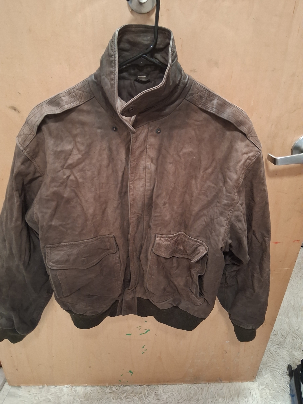 Context Men's Brown Leather Bomber Jacket with High Collar(Real Leather)